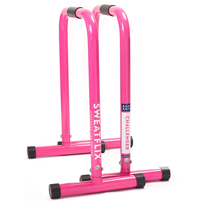 BodyRock Dip Bar Station for Home Workout Challenger Exercise Bars for Dips & Calisthenics - Parallette Equipment to Build Core Strength, Balance & Tricep, Arm & Shoulder Muscles - 2 Bars, Pink